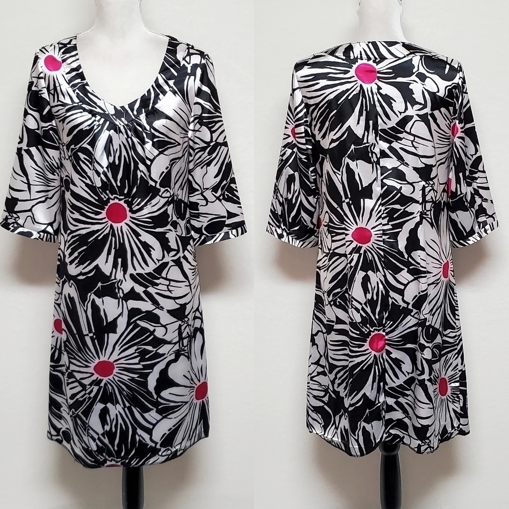 VINTAGE 90s Chico's Black Fuschia Satin Abstract Floral V-neck Shift Dress
